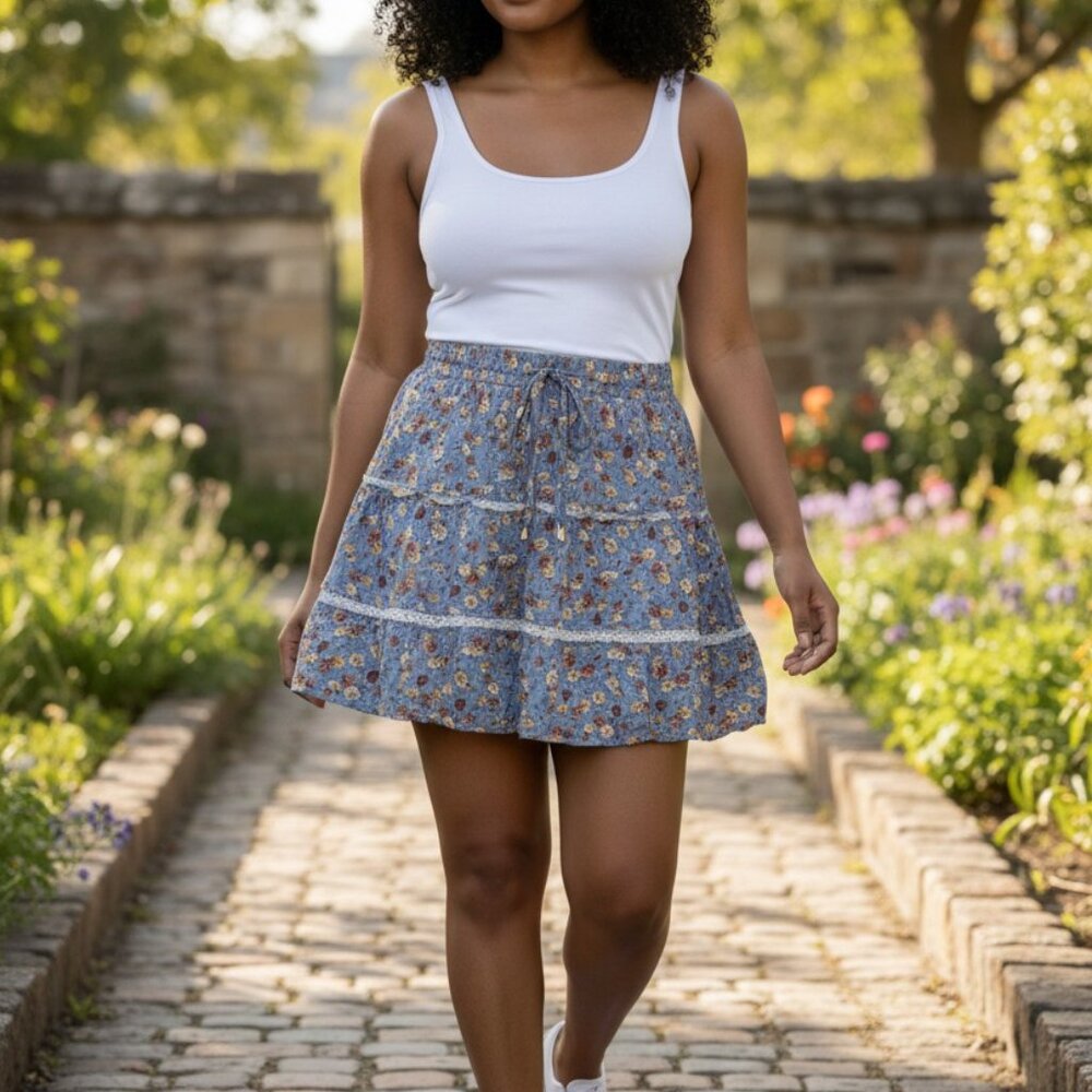 (B-68)Indigo Rein XL Floral Mini Skirt‎ Blue Tiered Boho Elastic Waist